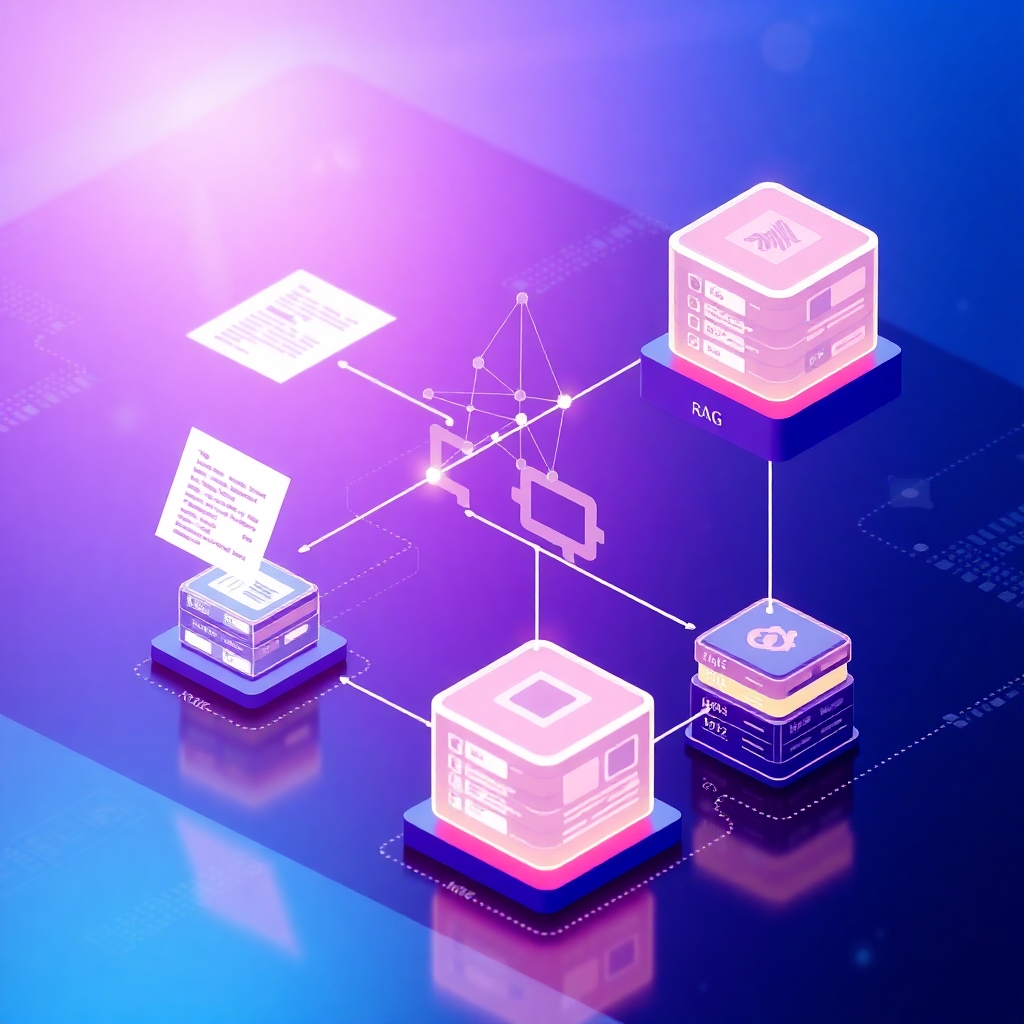 A futuristic visualization of next-generation RAG technology showing a knowledge graph connecting to vector databases, with data flowing between them. The image should have a professional, high-tech aesthetic with blue and purple gradient lighting, showing multiple data types (text, images, structured data) being processed simultaneously in a 3D visualization. No text overlay.