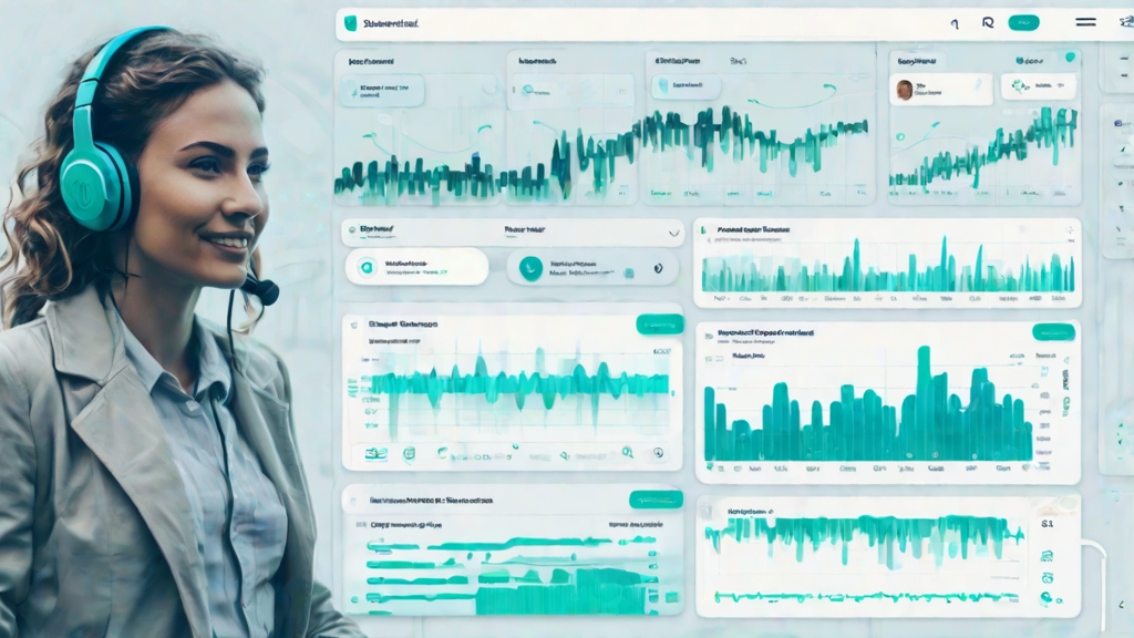 A futuristic customer support dashboard interface showing integrated audio waveforms alongside chat messages, with subtle Zendesk and ElevenLabs logos. Clean, professional, tech aesthetic with a blue and teal color palette.