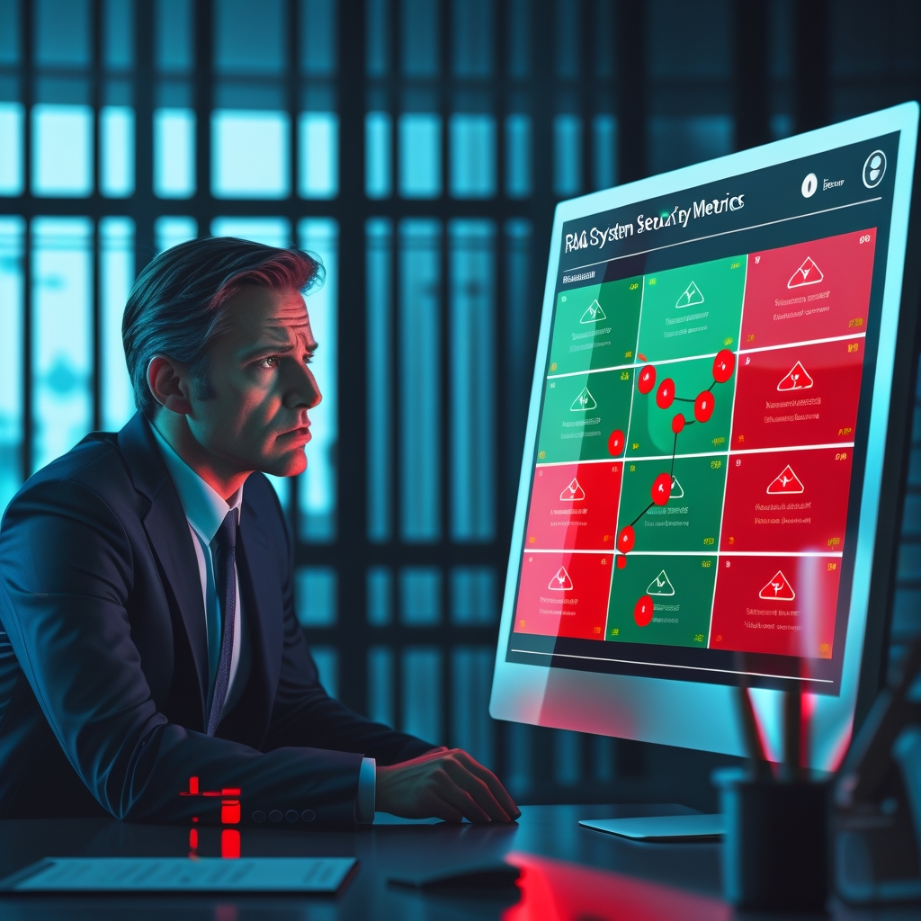 A striking image showing a corporate office setting with a concerned executive looking at a digital dashboard displaying RAG system security metrics. The dashboard should show contrasting red and green areas with vector embeddings visualized as a network graph with some nodes highlighted in warning colors. The image should have a professional, technical aesthetic with blue and red color tones, dramatic lighting, and a sense of urgency, perfect for a technical blog about RAG security issues. No text or words should appear in the image.