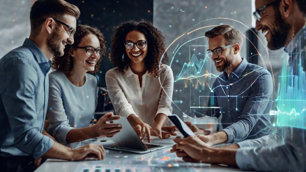 A diverse team of marketing professionals collaborating enthusiastically around a holographic interface displaying personalized video analytics and skyrocketing customer engagement metrics. Subtle HeyGen and HubSpot branding elements are visible. Bright, optimistic, innovative atmosphere.