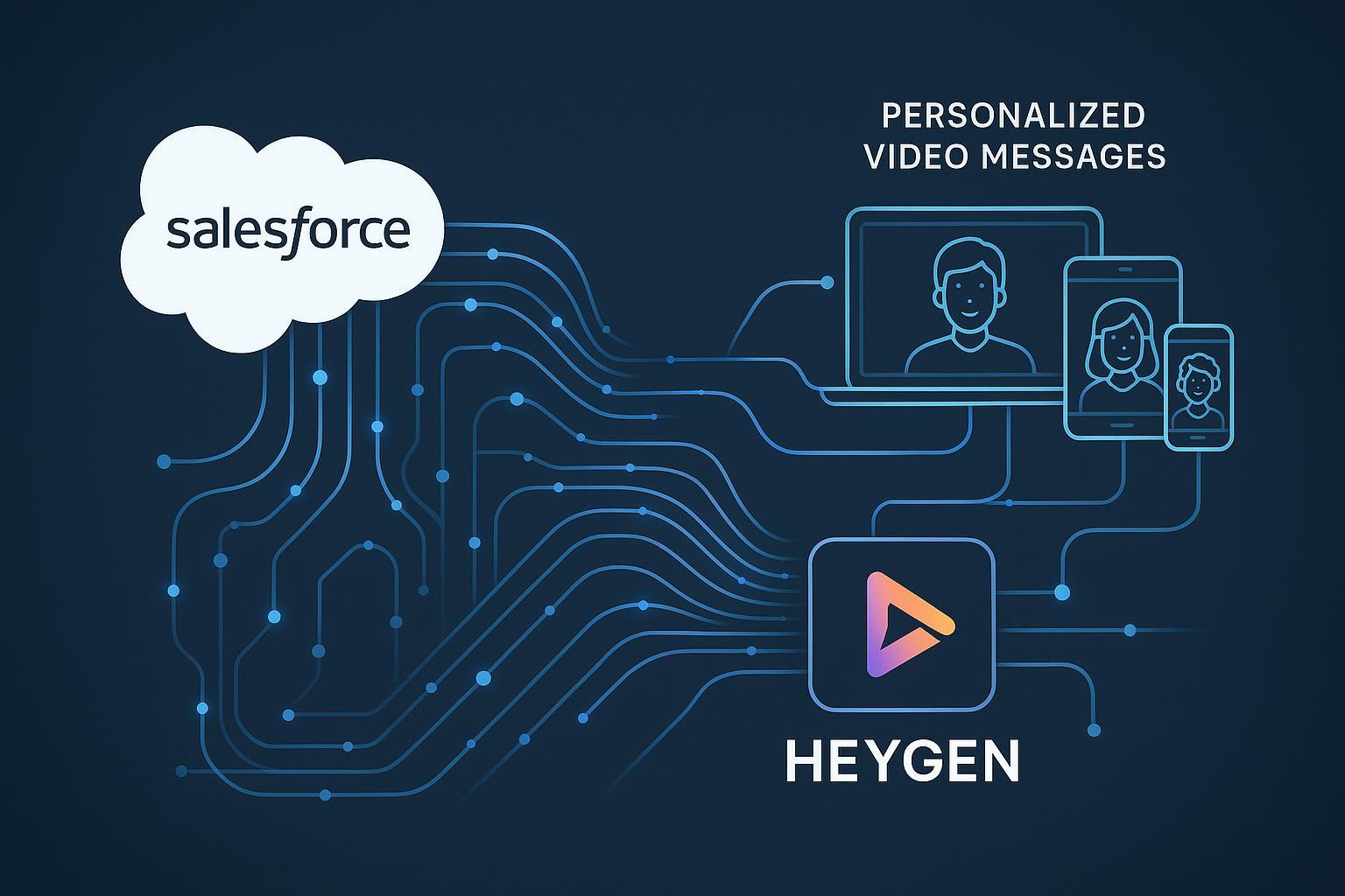 A dynamic, futuristic infographic illustrating data flowing from the Salesforce cloud icon to the HeyGen video creation platform icon, culminating in personalized video messages displayed on diverse user devices (laptop, tablet, smartphone). Clean, modern, tech style with interconnected nodes.