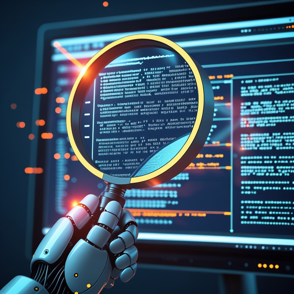 A magnifying glass held by a robotic hand, focusing on a complex digital text document on a screen, revealing highlighted, accurate information. Symbolizes RAG's ability to pinpoint precise data for LLMs. Style: photorealistic with glowing digital overlays, emphasizing clarity, precision, and advanced technology.
