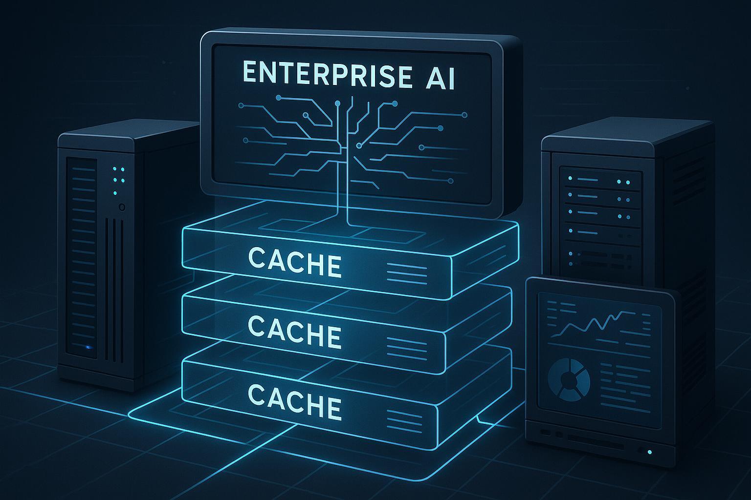 A futuristic enterprise AI system with layers of caching mechanisms, showcasing speed and efficiency in data retrieval, high-tech digital interfaces, and modern servers, in a sleek and professional style.