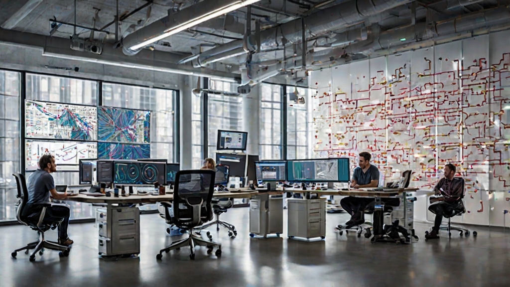 A technical, approachable workspace where engineers collaborate around massive monitors showing RAG architecture diagrams, vector databases, and real-time data feeds merging with AI-generated insights—vibrant, modern, and energetic.