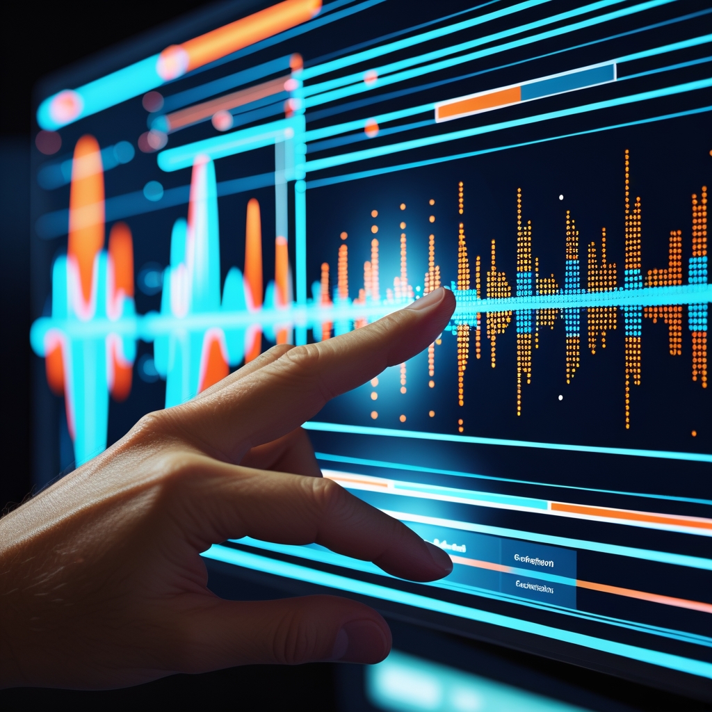 Conceptual image of a human hand interacting with a futuristic interface displaying soundwaves transforming into a PowerPoint presentation slide. Theme of AI and human collaboration in content creation. Tech-forward and sophisticated.